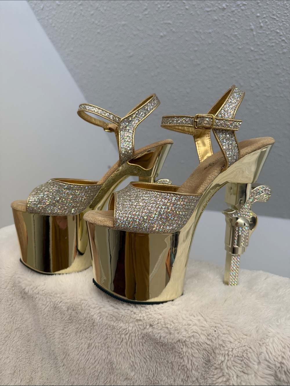 Pleaser | Gold Revolver Glitter Platform Ankle-Strap Rhinestone Gun Heel | 8
